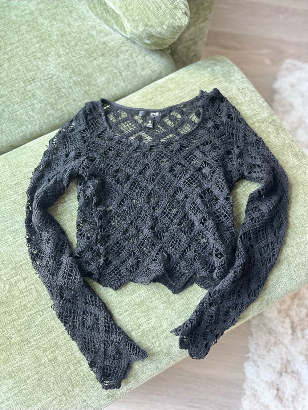 Aqua Black Open Crochet Long Sleeve Crop Top